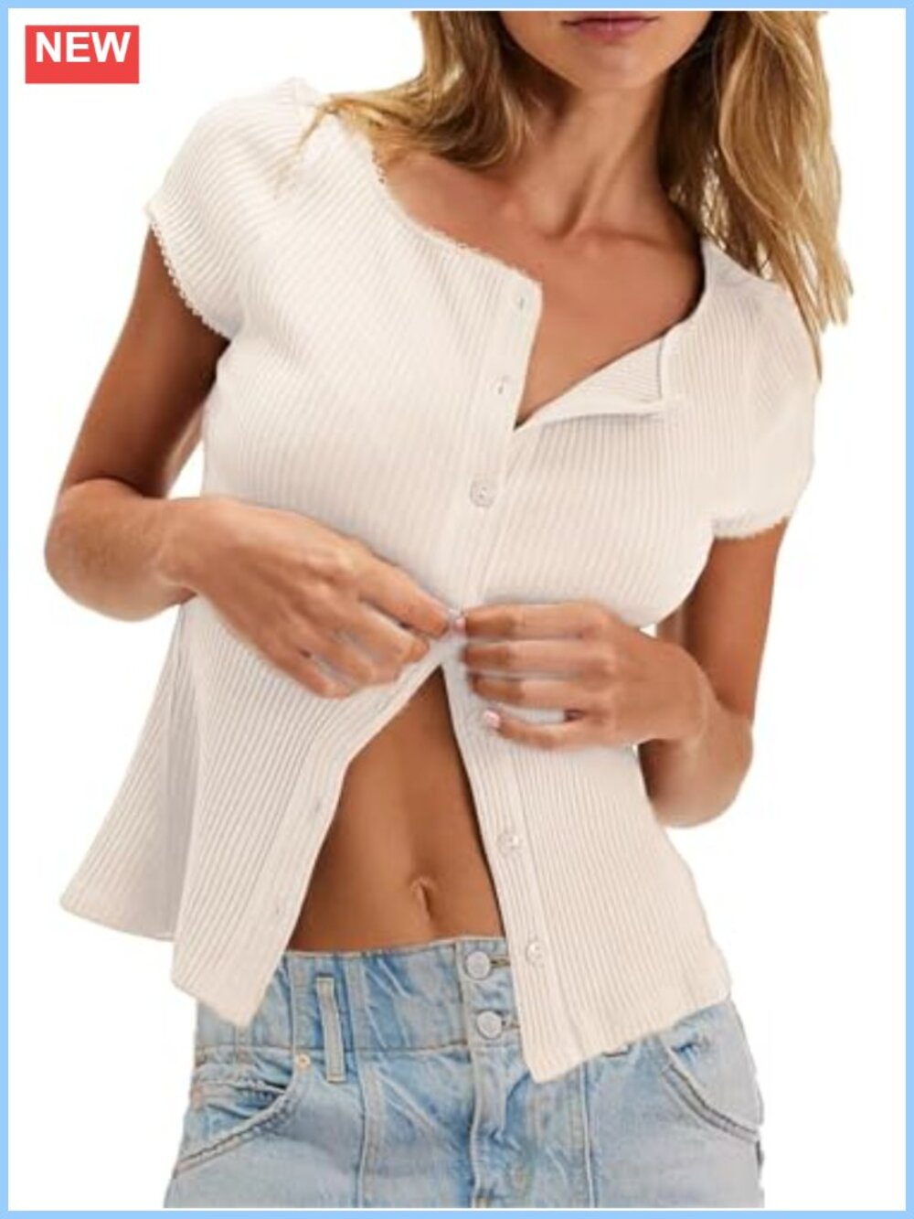 Women's Fitted Ribbed Button Down Cardigan Short Sleeve Y2K Top Cotton Blend